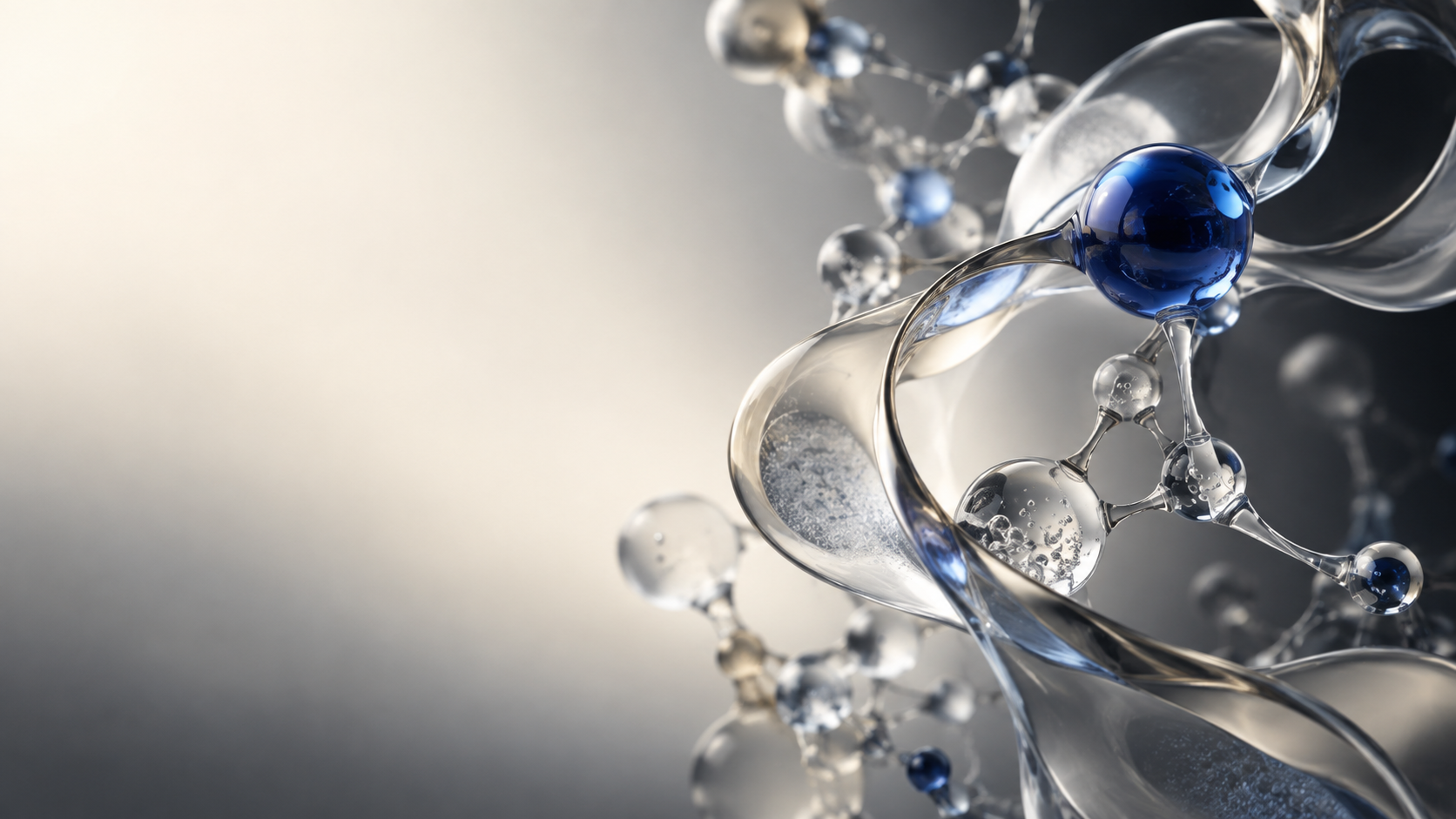Abstract glass molecular forms in ivory, graphite, and cobalt